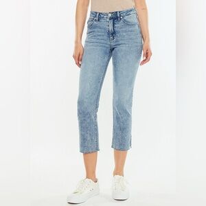 KanCan High Rise Straight Leg Cropped Jeans With Raw Hem In Light Sandblast Wash